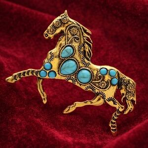 Vintage Gold Horse Brooch with Turquoise – Western Style Statement Pin